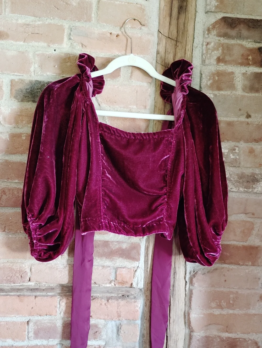 Free People Velvet Puff Sleeve Square Neck Top Tie Back Sz XS